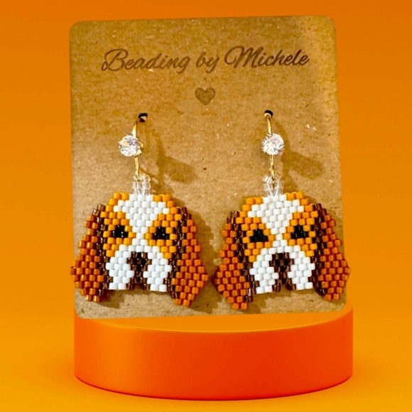 Hand crafted brick stitch cocker spaniel face earrings with decorative ear wire - Picture 1 of 7